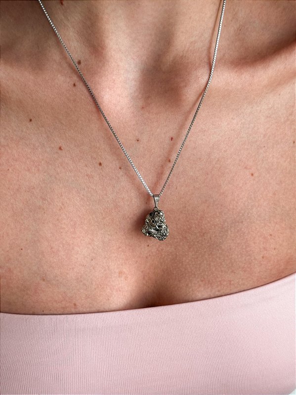 Corrente de Aço 45cm com Pingente de Pirita Bruta - Prosperidade, Novas Ideias e Oportunidades