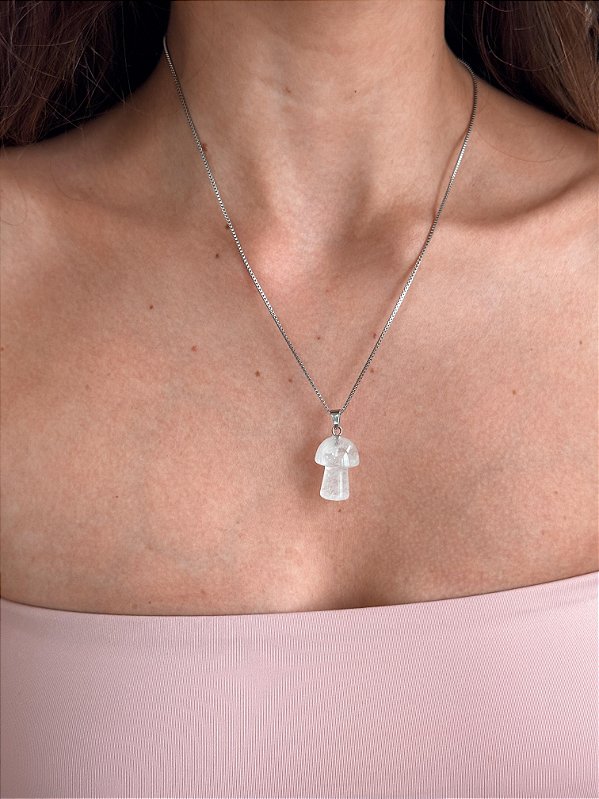 Corrente de Aço 45cm com Pingente de Cogumelo Cristal - Purificação, Energização e Intensificador