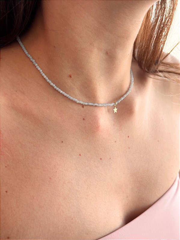 Colar de Água Marinha 2mm Multifacetado - Pedra da Ansiedade, Desfaz Confusões, Protege os Pensamentos