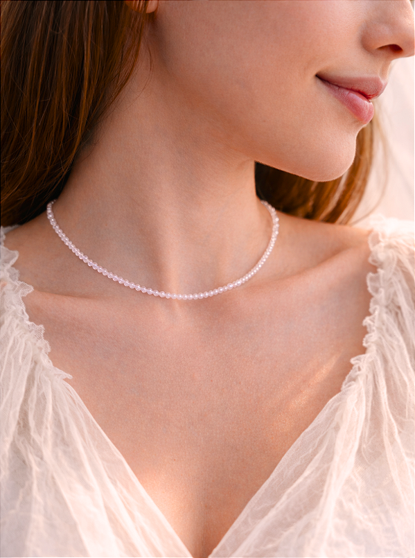 Colar de Quartzo Rosa 2mm Multifacetado - Pedra do Amor - Cura do Coração, Amor Próprio, Perdão e Gratidão