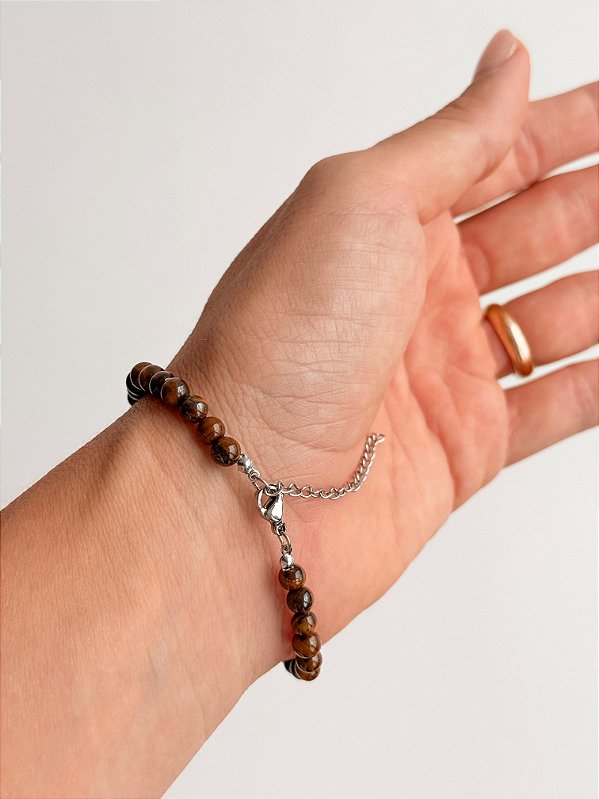 Pulseira de Olho de Tigre Redonda 4mm Aço Inox - Contra Inveja e Olhado; Autoconfiança; Coragem e Determinação