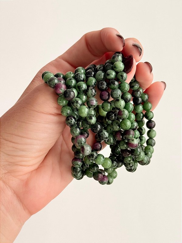 Pulseira de Zoisita com Rubi Redonda 6mm - Paixão pela Vida, Sucesso e Sabedoria para Decisões
