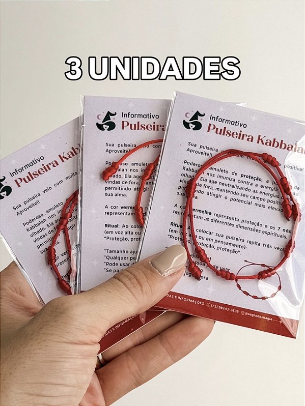 3 Pulseiras Kabbalah 7 nós Vermelha - Proteção Contra Olhado