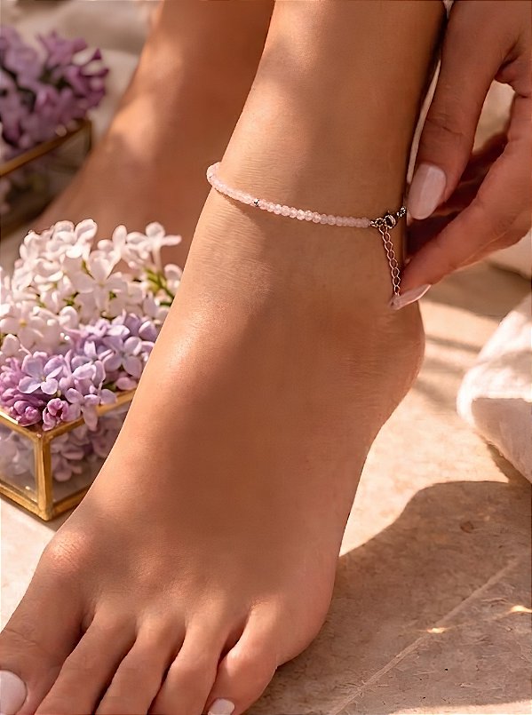 Tornozeleira de Quartzo Rosa 2mm Multifacetada - Pedra do Amor - Cura do Coração, Amor Próprio, Perdão e Gratidão