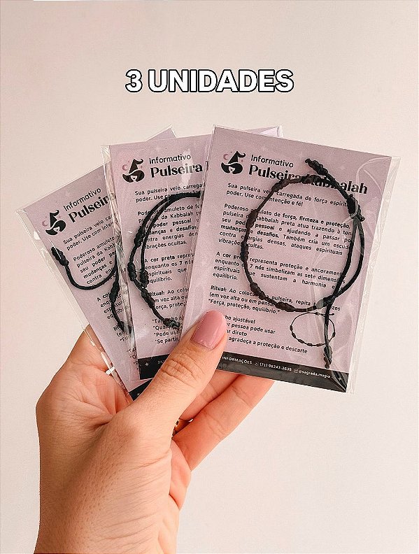 3 Pulseiras Kabbalah dos 7 Nós Preta - Amuleto de Força, Firmeza e Proteção