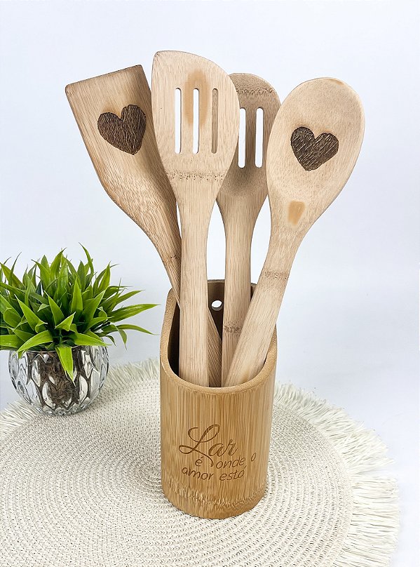 Conjunto de Utensílios de 30cm em Bambu 5 PÇS Personalizado