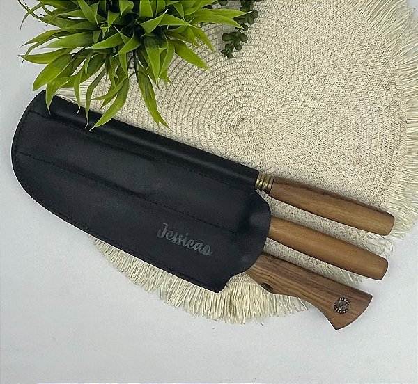 Conj. p/Churrasco Faca Artesanal 8 polegadas, Chaira e Garfo 3 pçs Preta Personalizados