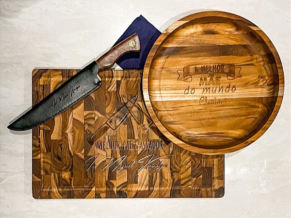Kit para Churrasco - Tábua Madeira Invertida Teca, Gamela Redonda & Faca Artesanal Personalizadas