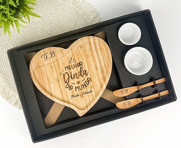 Kit Petisqueira Bambu Formato Coração 5 Pçs Personalizado - Batizado