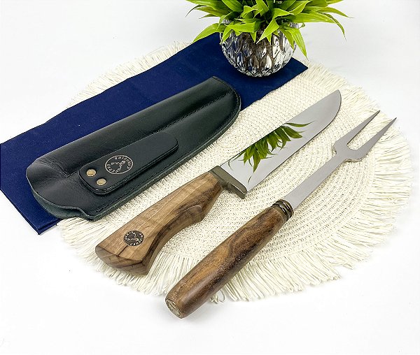 Faca Artesanal Inox com Garfo cabo de Madeira 8" Bainha Personalizada