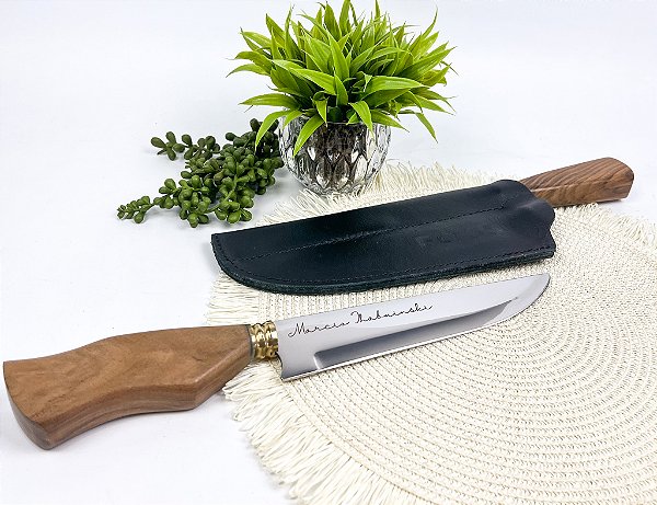 Faca Artesanal Inox com Garfo cabo de Madeira 8" Bainha Personalizada