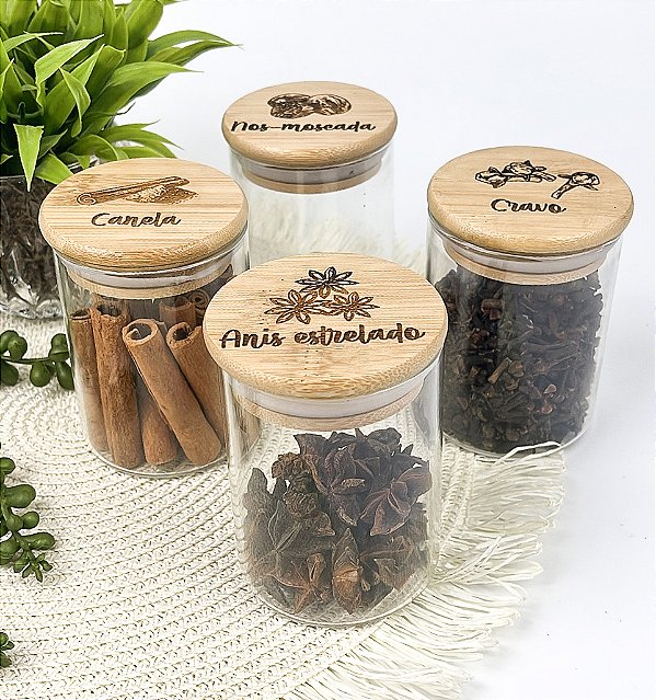 Kit Potes Herméticos 250ml Com Tampa de Bambu 4 Pçs Personalizados