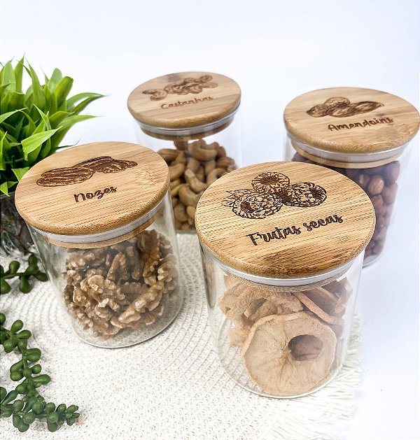 Kit Potes Herméticos 520ml Com Tampa de Bambu 4 Pçs Personalizados