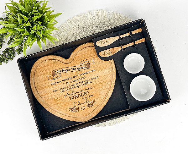 Kit Para Petisco Bambu Formato Coração 5 Pçs Personalizado - Batizado