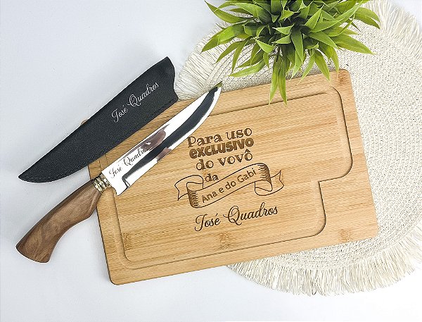 Kit P/ Churrasco Tábua Bambu 32x20cm e Faca Artesanal 7" Personalizados - Dia dos Pais