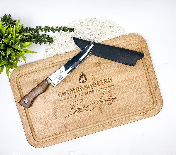 Kit Tábua em Bambu 50x30 e Faca Artesanal 8 Polegadas Personalizado