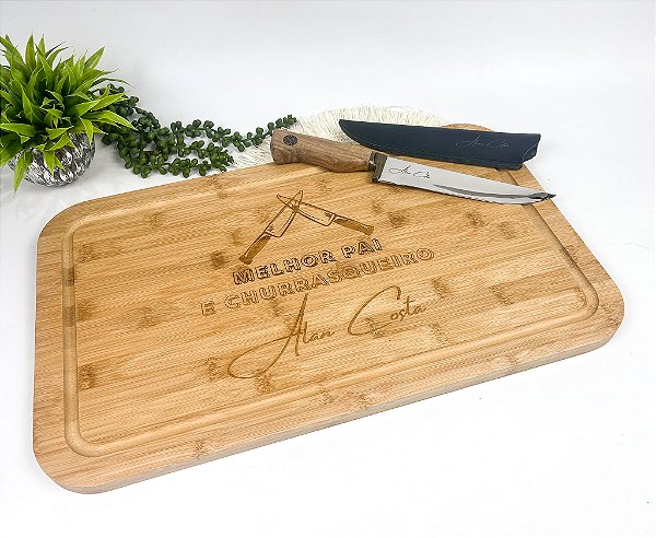 Kit Tábua em Bambu 50x30 e Faca Artesanal 8 Polegadas Personalizado - Dia dos Pais
