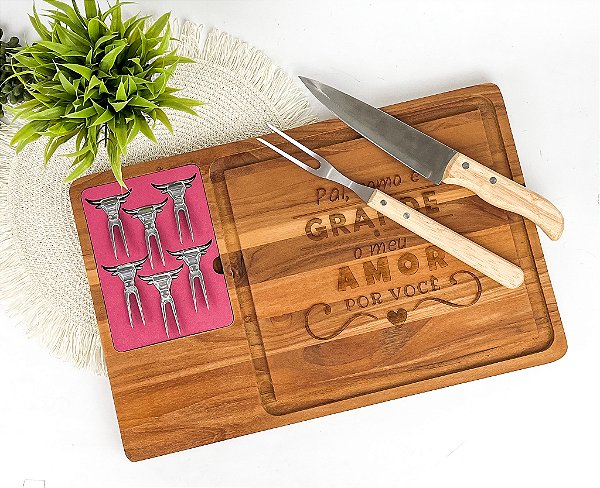 Kit Churrasco - Tábua Teca C/ 6 Garfinhos e Faca e Garfo Personalizado