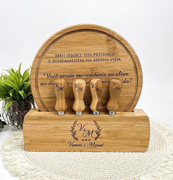 Kit Para Queijo Bambu C/ Base 6 Pçs Personalizado - Casamento