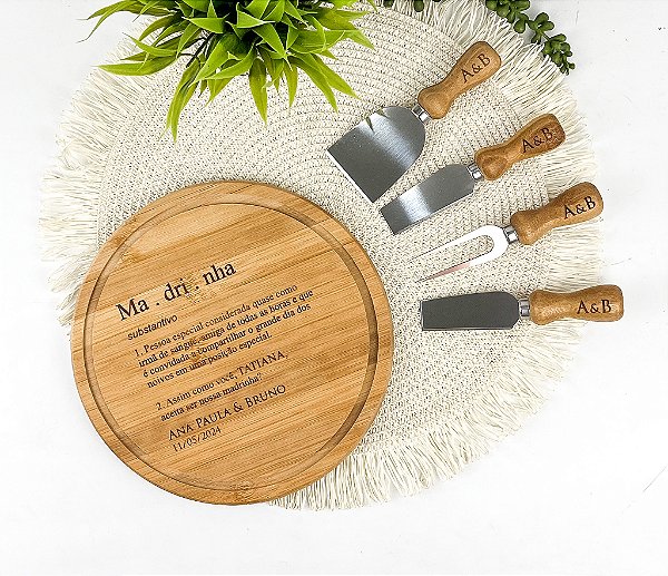 Kit Para Queijo Bambu 5 Pçs Personalizado - Casamento