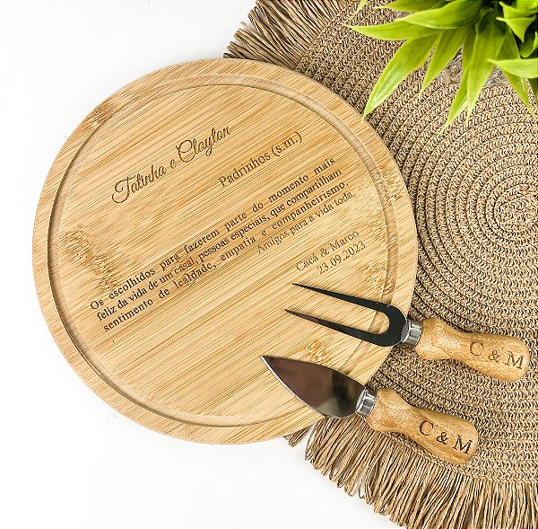 Kit Para Queijo Bambu 3 Pçs Personalizado - Casamento