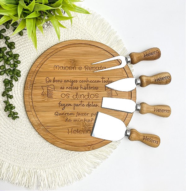 Kit Para Queijo Bambu 5 Pçs Personalizado - Batizado
