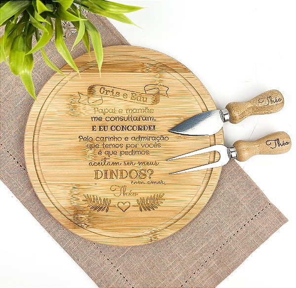 Kit Para Queijo Bambu 3 Pçs Personalizado - Batizado