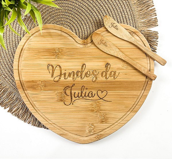 Kit Tábua Bambu Formato Coração C/2 Espátulas Personalizado - Batizado