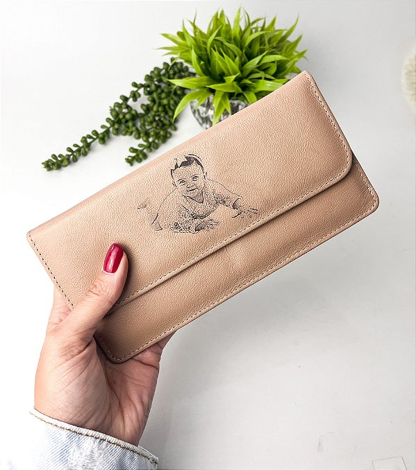 Carteira Feminina Slim de Couro Legítimo C/ Botão e Zíper Personalizada - Mãe