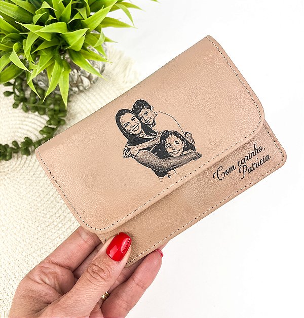 Carteira Feminina Skinny de Couro Legítimo C/ Botão e Zíper Personalizada - Mãe