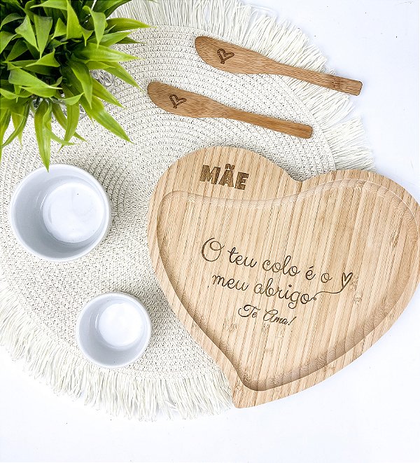 Kit Petisqueira Bambu Formato Coração 5 Pçs Personalizado