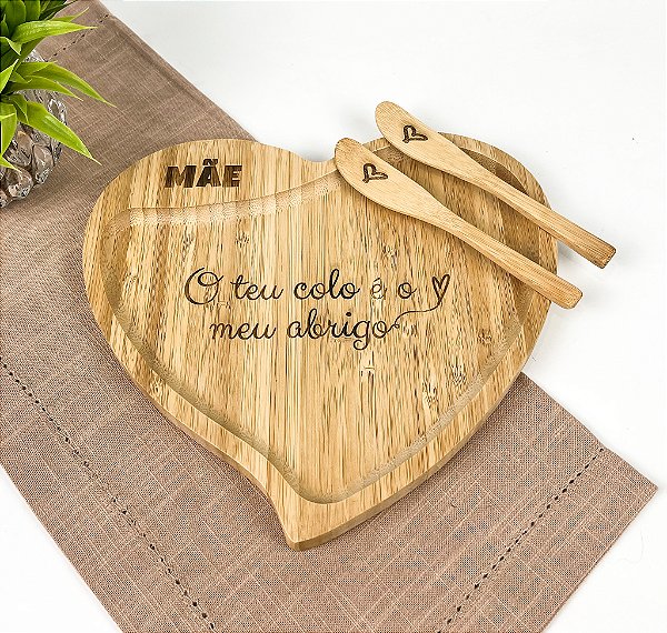 Kit Petisqueira Bambu Formato Coração C/2 Espátulas Personalizada - Mãe