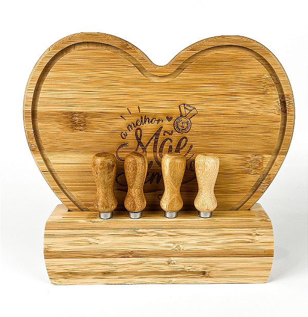 Kit Para Queijo Bambu Formato Coração C/ Base 6 Pçs Personalizado - Mãe