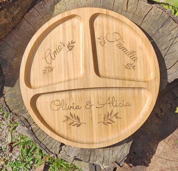 Petisqueira Redonda em Bambu com 3 divisórias Personalizada