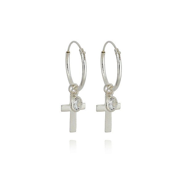 Brinco Argola Cruz e Zircônia - Prata 925