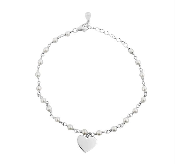 Pulseira Pérolas c/ Pingente Coração - Prata 925