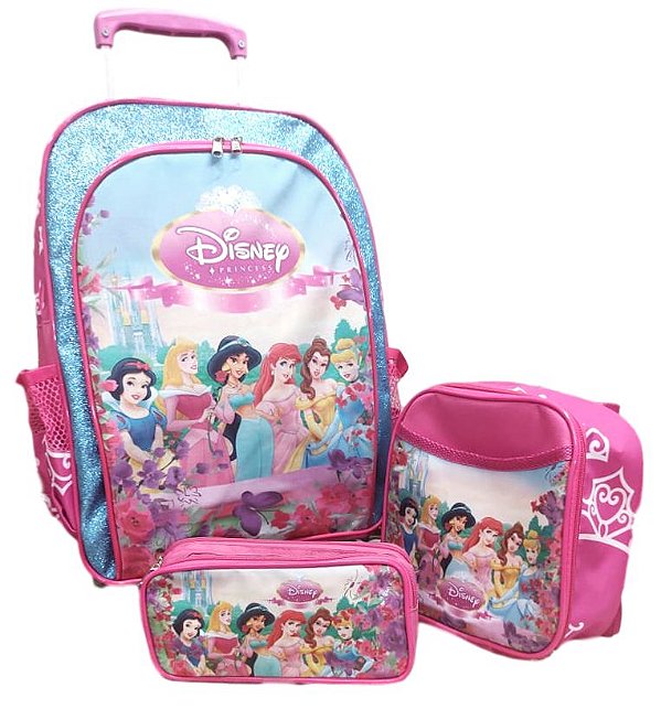 Kit Escolar Mochila Princesas Disney Com Carrinho de Rodinha, Lancheira Térmica e Estojo