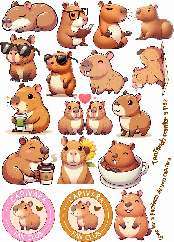 Cartela DTF UV A4 - Tema: Capivara - Adesivo para produtos rígidos