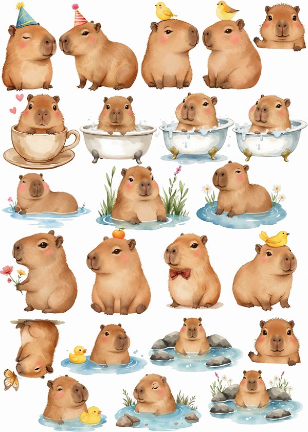 Cartela DTF UV A4 - Tema: Capivara - Adesivo para produtos rígidos
