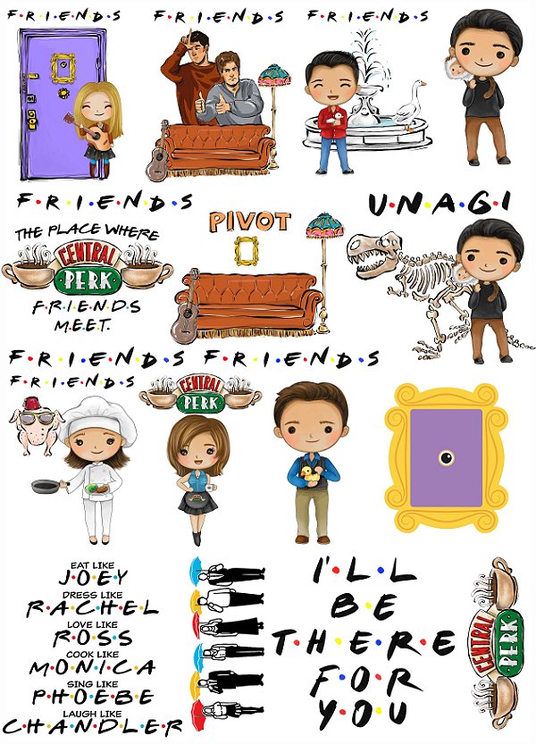 Cartela DTF UV A4 - Tema: Friends - Adesivo para produtos rígidos