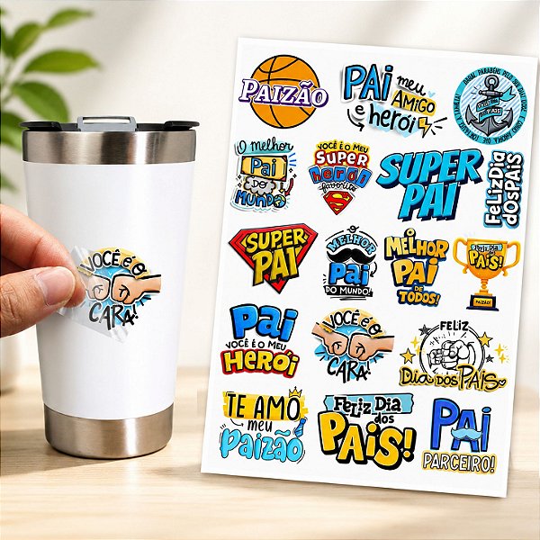Cartela Adesivo DTF UV A4 - DIA DOS PAIS 9 - Para Personalizados, Lembrancinhas, Canecas, Copos, Garrafas e Presentes