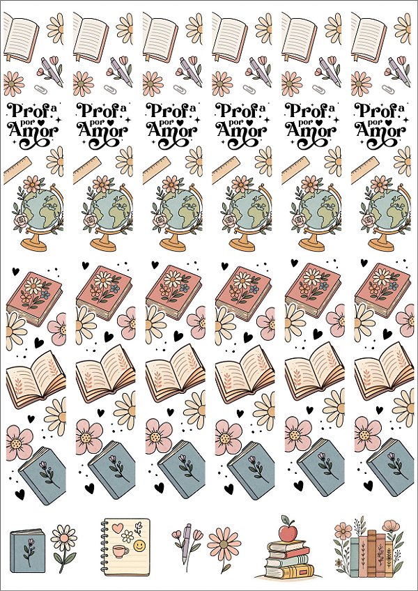 Cartela DTF UV A4 - Tema: DIA DOS PROFESSORES 5 (MARCA PAGINA) - Adesivo para produtos rígidos