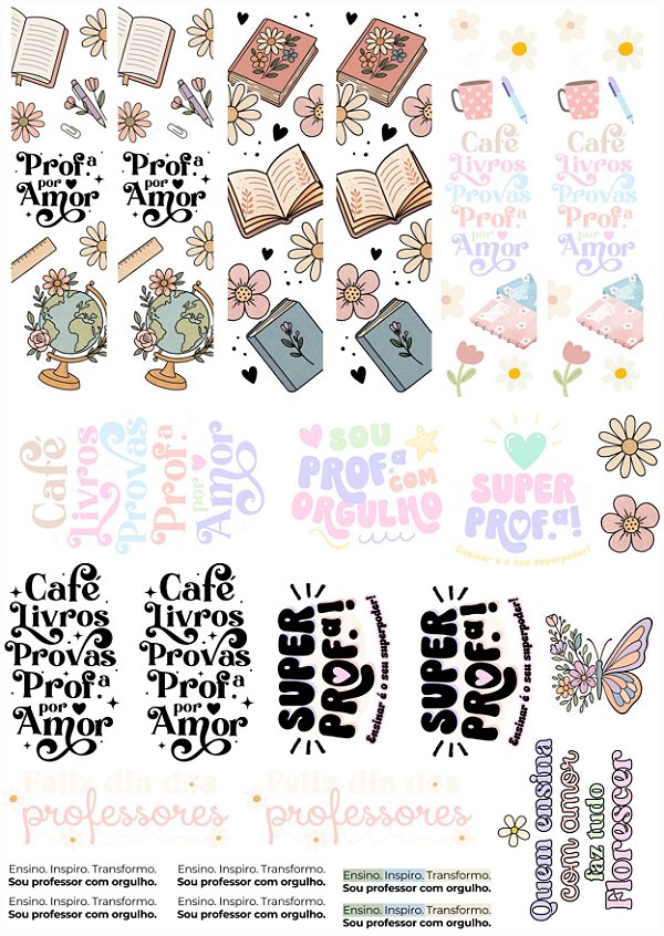 Cartela DTF UV A4 - Tema: DIA DOS PROFESSORES 4 - Adesivo para produtos rígidos