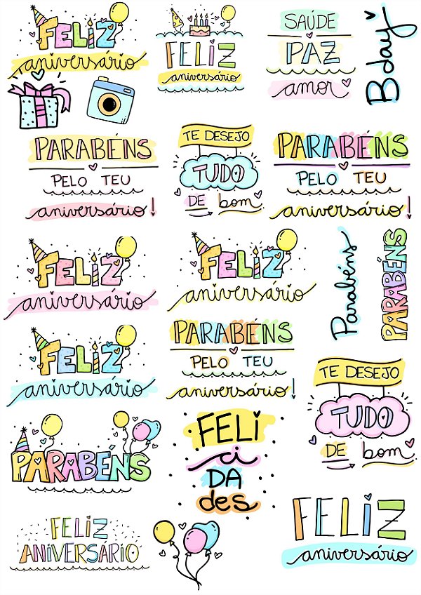 Cartela DTF UV A4 - Tema: ANIVERSÁRIO - Adesivo para produtos rígidos
