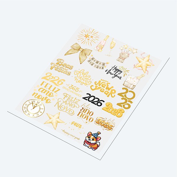 Cartela DTF UV A4 - Tema: ANO NOVO 3 - Adesivo para produtos rígidos