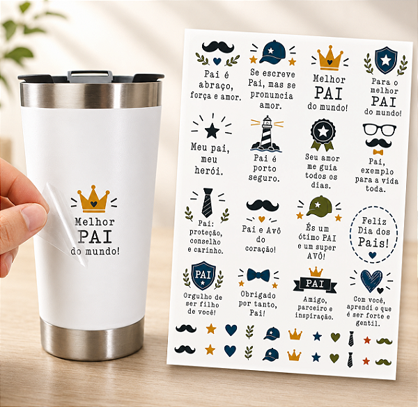 Cartela Adesivo DTF UV A4 - DIA DOS PAIS 3 - Para Personalizados, Lembrancinhas, Canecas, Copos, Garrafas e Presentes