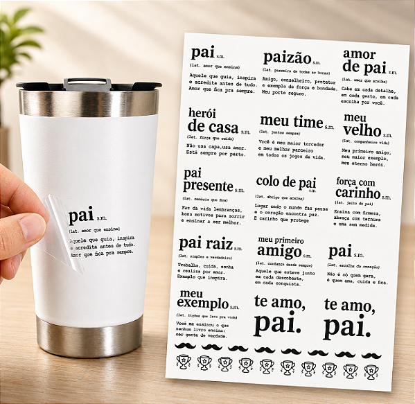 Cartela Adesivo DTF UV A4 - DIA DOS PAIS 5 - Para Personalizados, Lembrancinhas, Canecas, Copos, Garrafas e Presentes