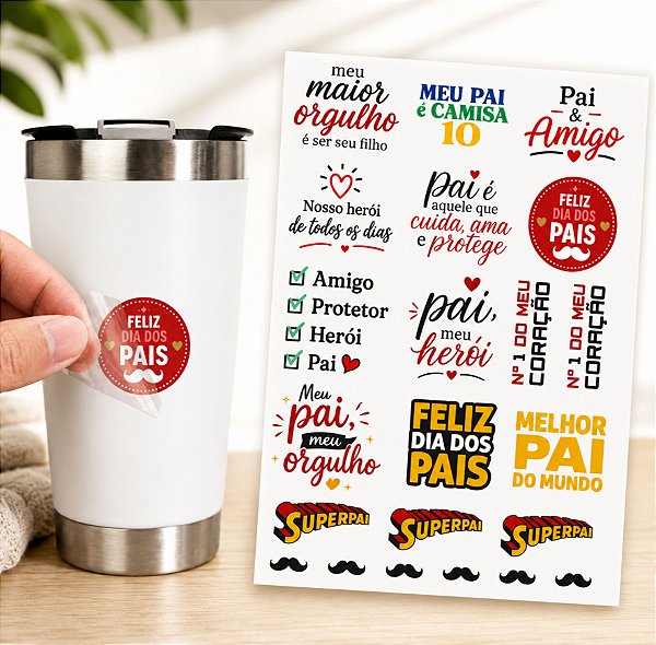 Cartela Adesivo DTF UV A4 - DIA DOS PAIS 7 - Para Personalizados, Lembrancinhas, Canecas, Copos, Garrafas e Presentes