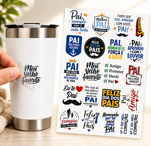 Cartela Adesivo DTF UV A4 - DIA DOS PAIS 8 - Para Personalizados, Lembrancinhas, Canecas, Copos, Garrafas e Presentes