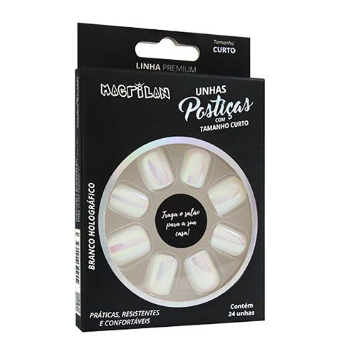 Unhas Postiças Macrilan Linha Premium Curto Branco Holográfico UP204C